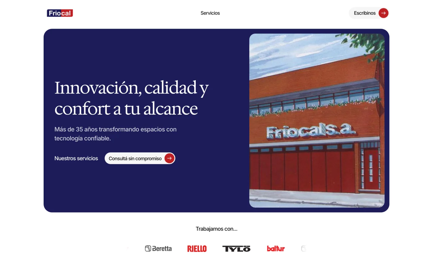 Home de Friocal: hero azul con el titular Innovación, calidad y confort a tu alcance, junto a una ilustración de la fachada de la empresa.