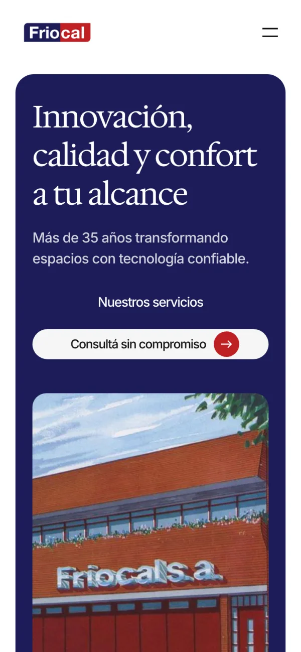 El mismo sitio de Friocal en teléfono, con el contenido apilado en una columna.