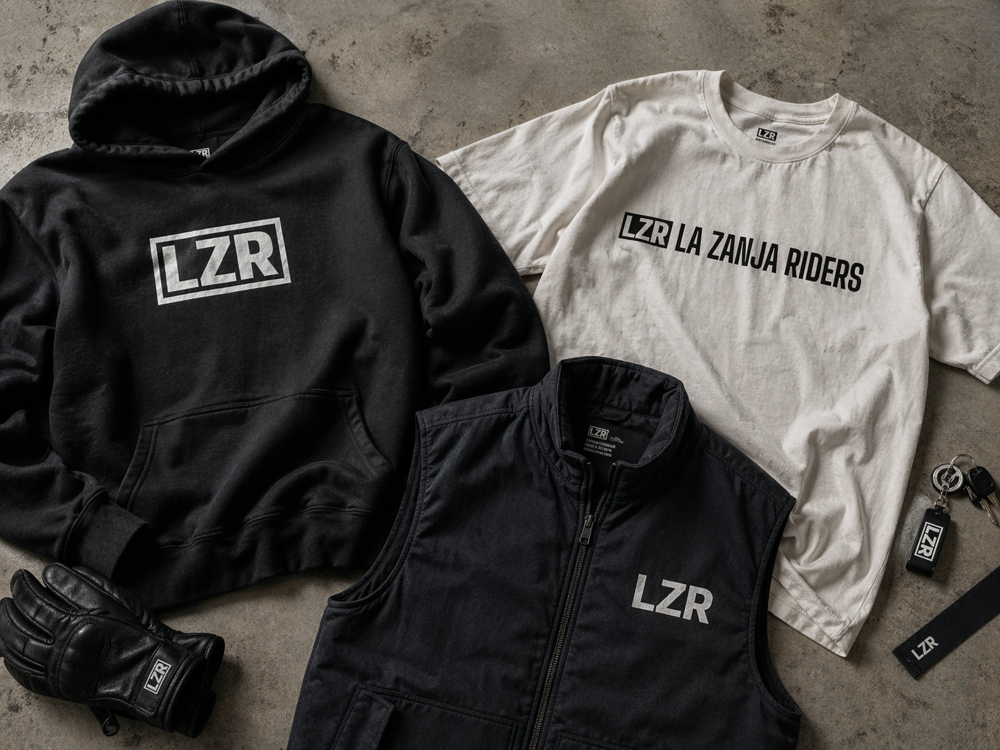Prendas LZR sobre concreto, muestra del sistema aplicado a indumentaria